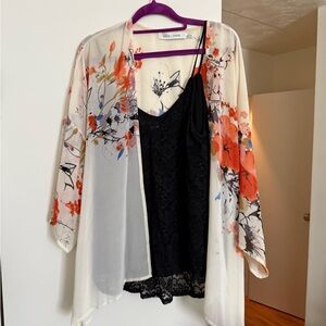 Floral Kimono Cardigan with Black Lace Cami